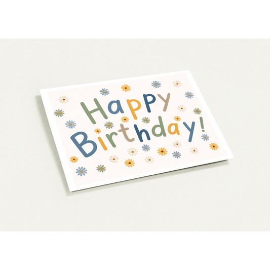 Birthday card with colorful 'Happy Birthday!' text on a white background