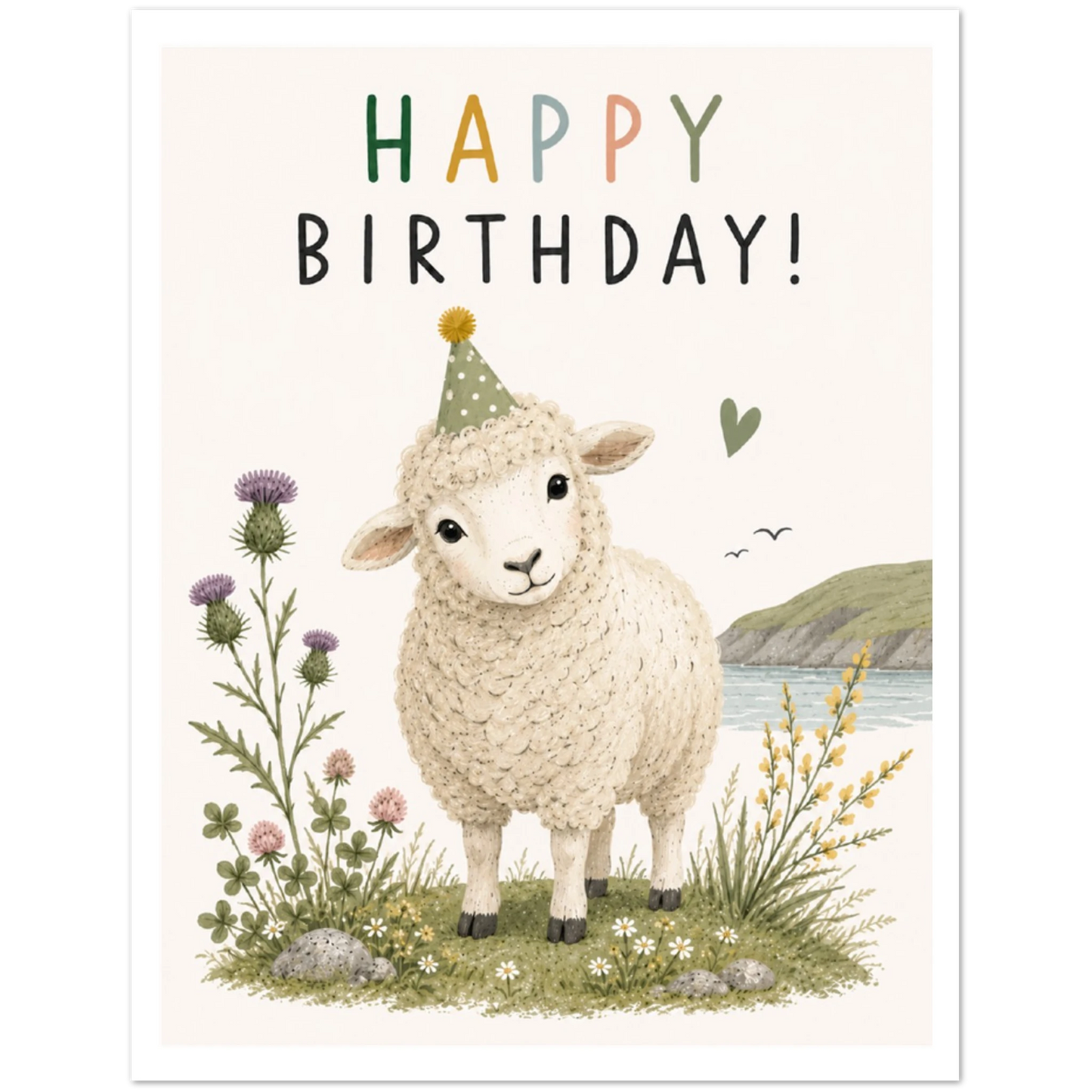 Birthday card with a sheep wearing a party hat and 'Happy Birthday!' text, surrounded by flowers and nature.
