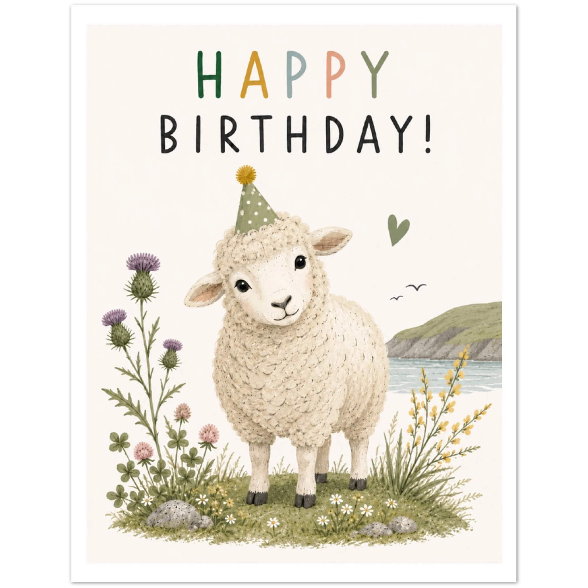 Birthday card with a sheep wearing a party hat and 'Happy Birthday!' text, surrounded by flowers and nature.