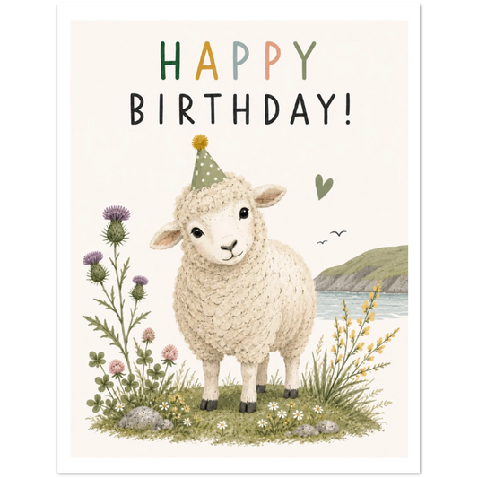 Birthday card with a sheep wearing a party hat and 'Happy Birthday!' text, surrounded by flowers and nature.