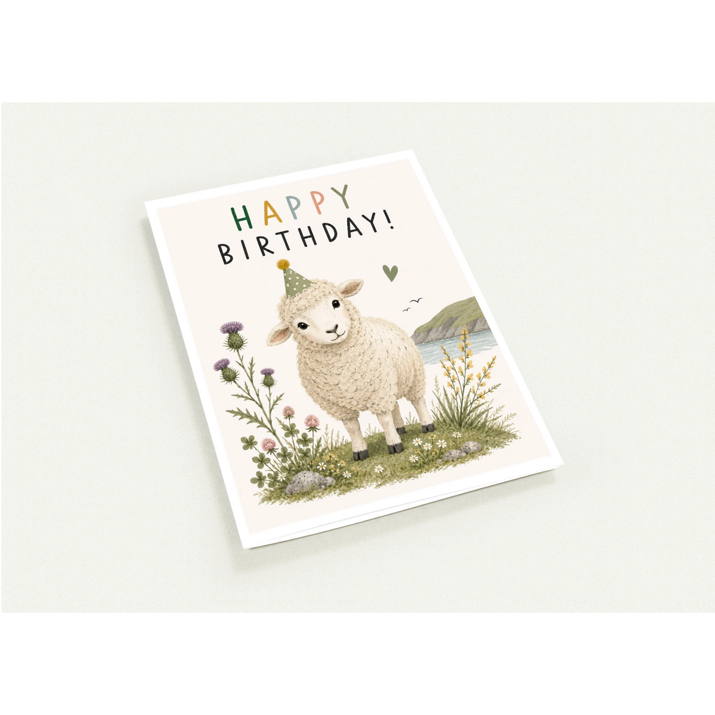 Birthday card with a sheep illustration and 'Happy Birthday!' text on a white background