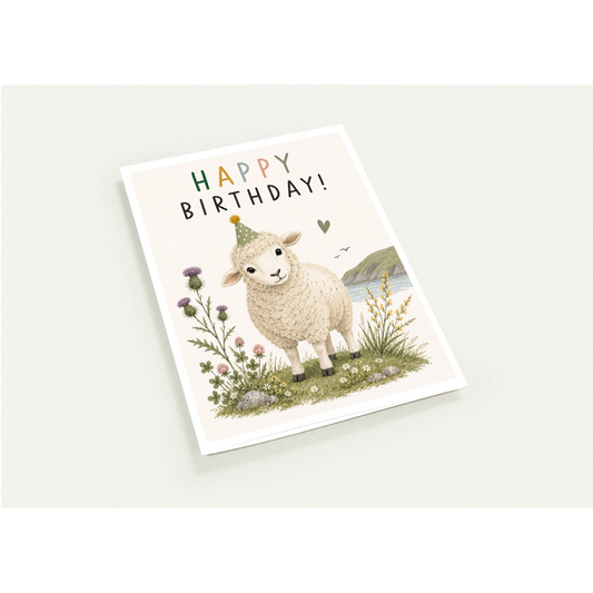 Birthday card with a sheep illustration and 'Happy Birthday!' text on a white background