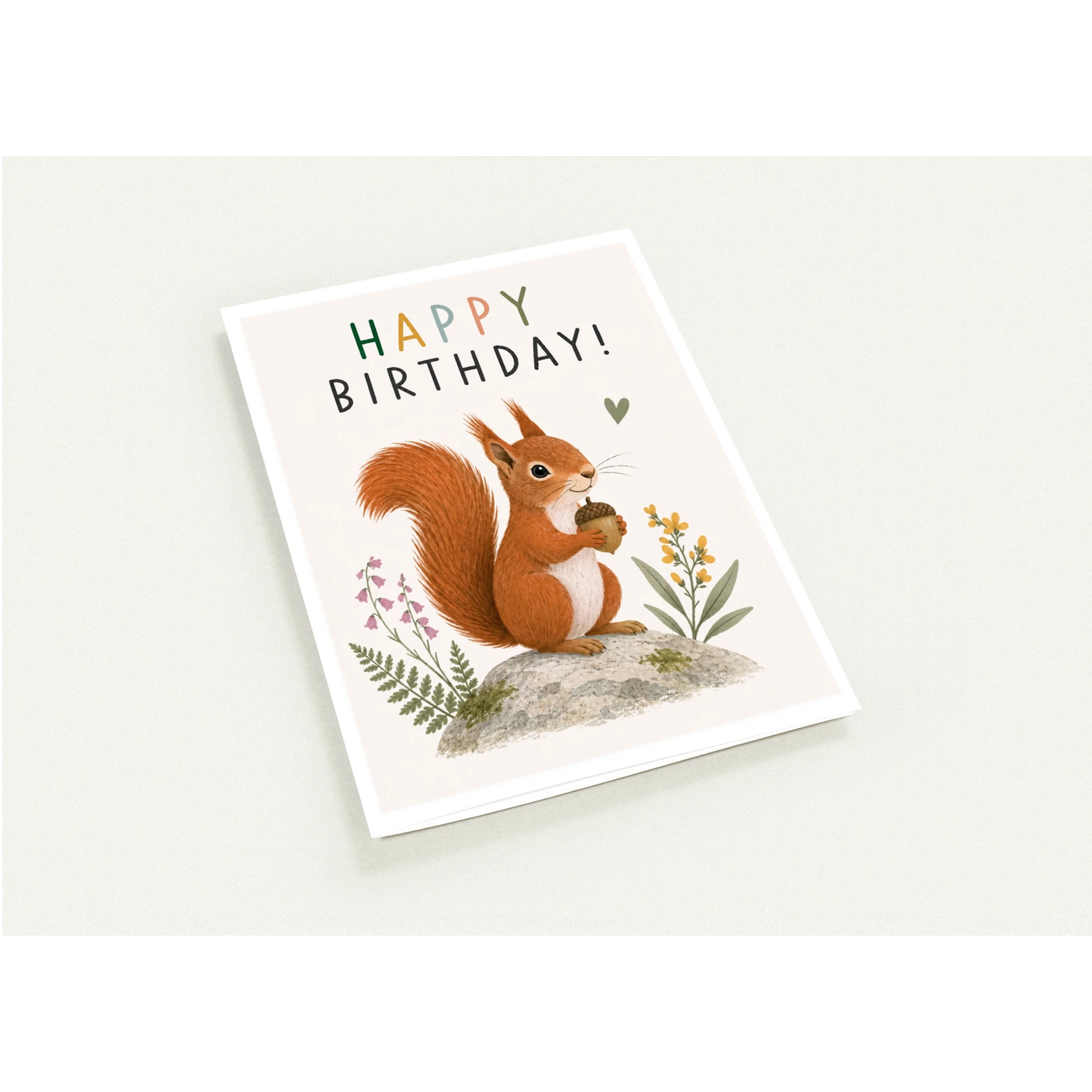 Birthday card with a squirrel illustration and 'Happy Birthday!' text on a white background