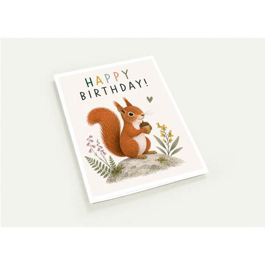 Birthday card with a squirrel illustration and 'Happy Birthday!' text on a white background
