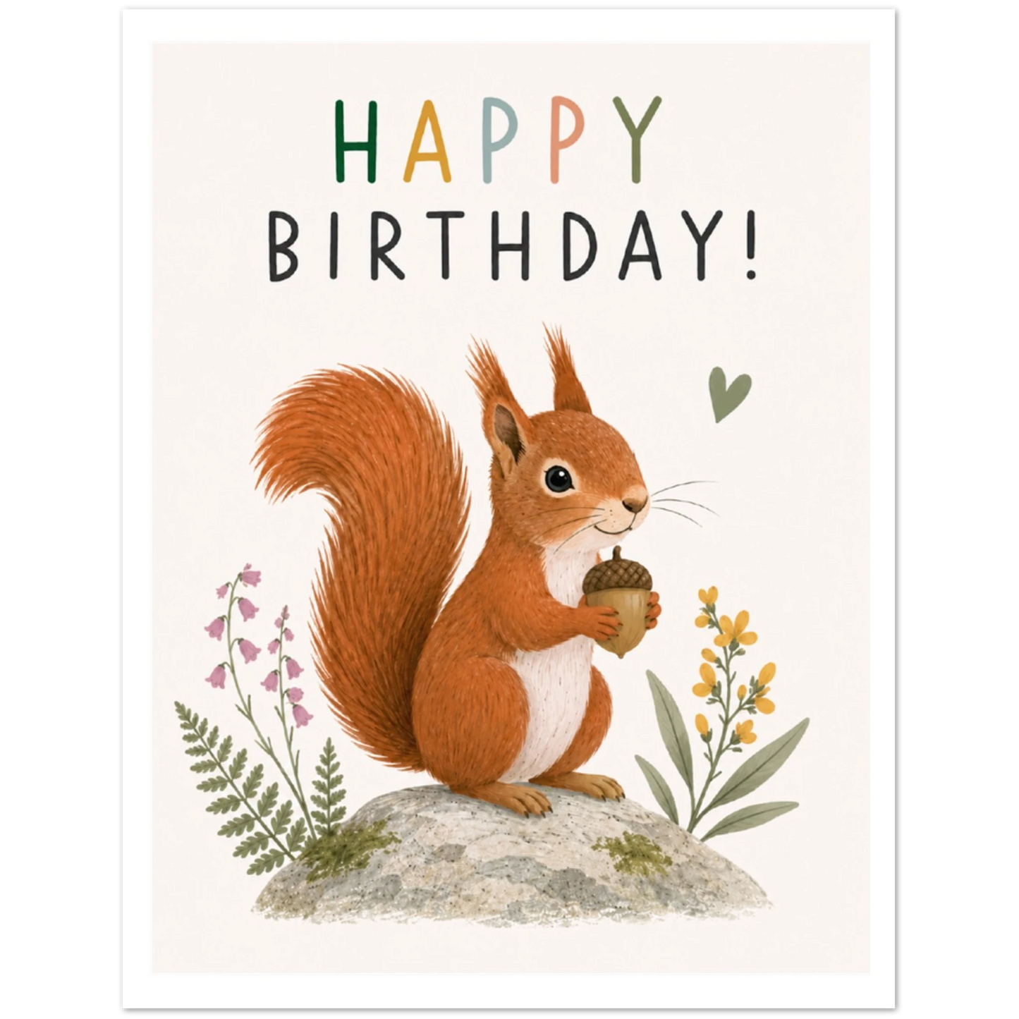 Birthday card with a squirrel holding an acorn and the text 'Happy Birthday!' on a white background.