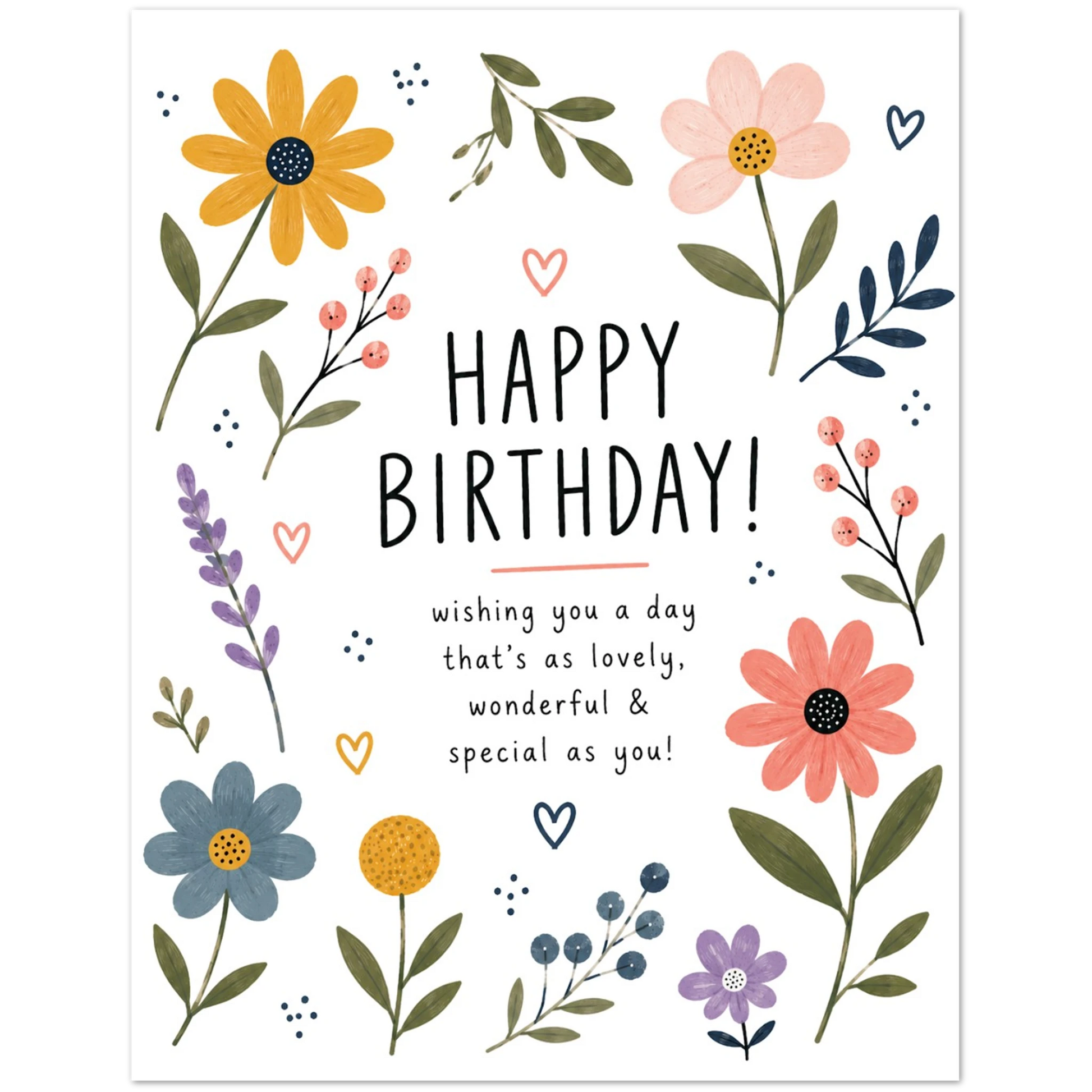 Birthday card with colorful flowers and 'Happy Birthday!' text on a white background