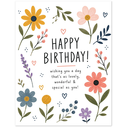 Birthday card with colorful flowers and 'Happy Birthday!' text on a white background