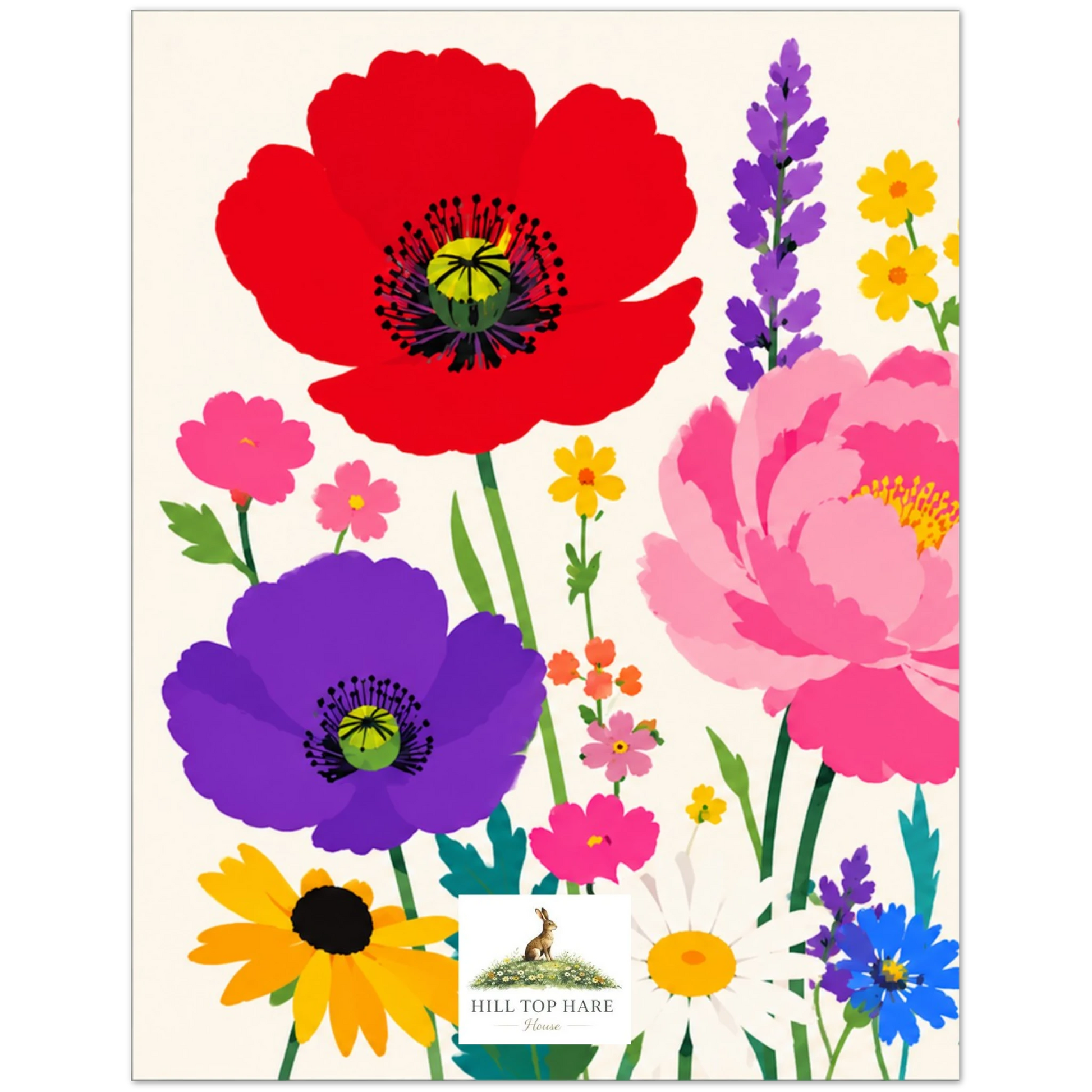 Colorful floral design with various flowers on a white background