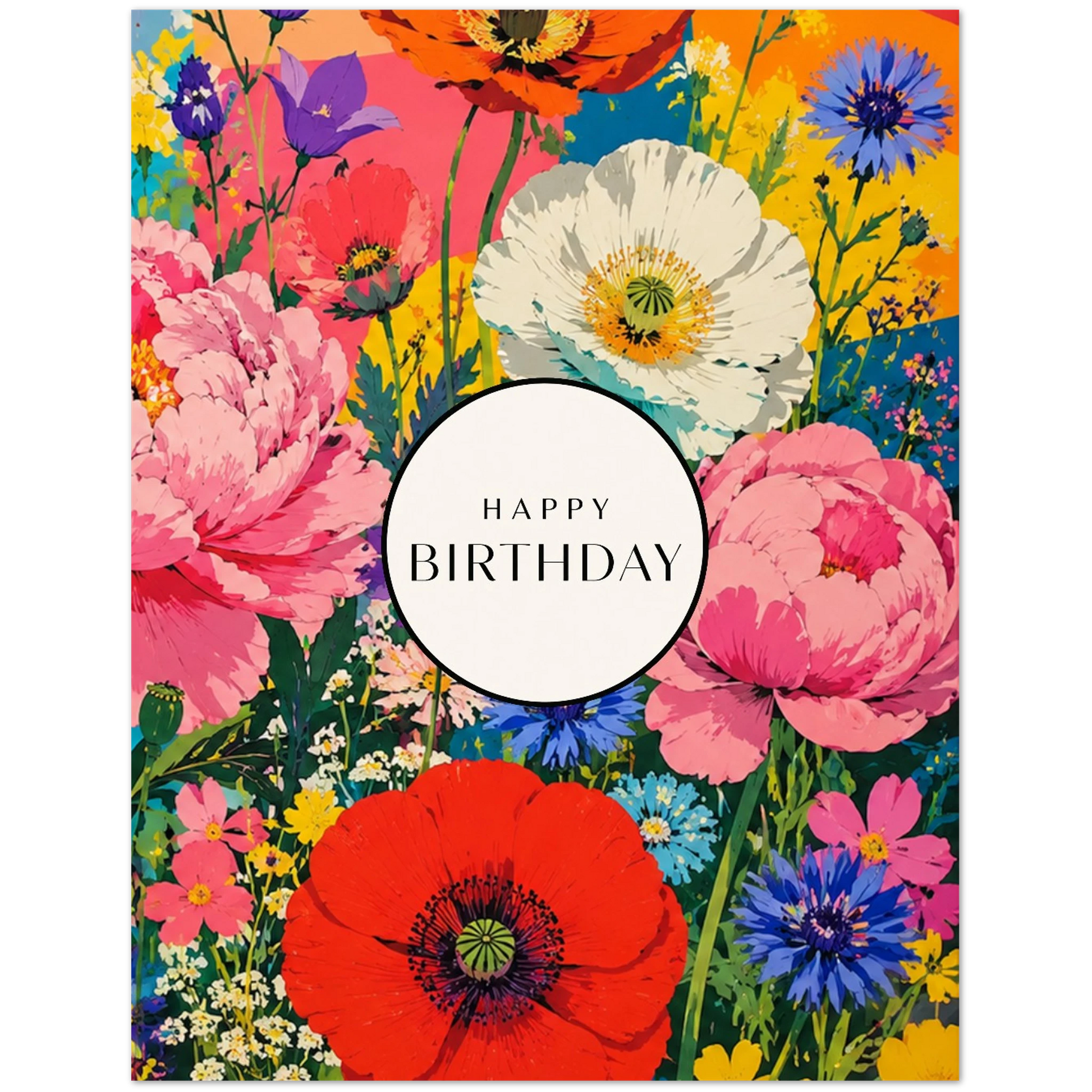 Colorful floral design with 'Happy Birthday' text in the center