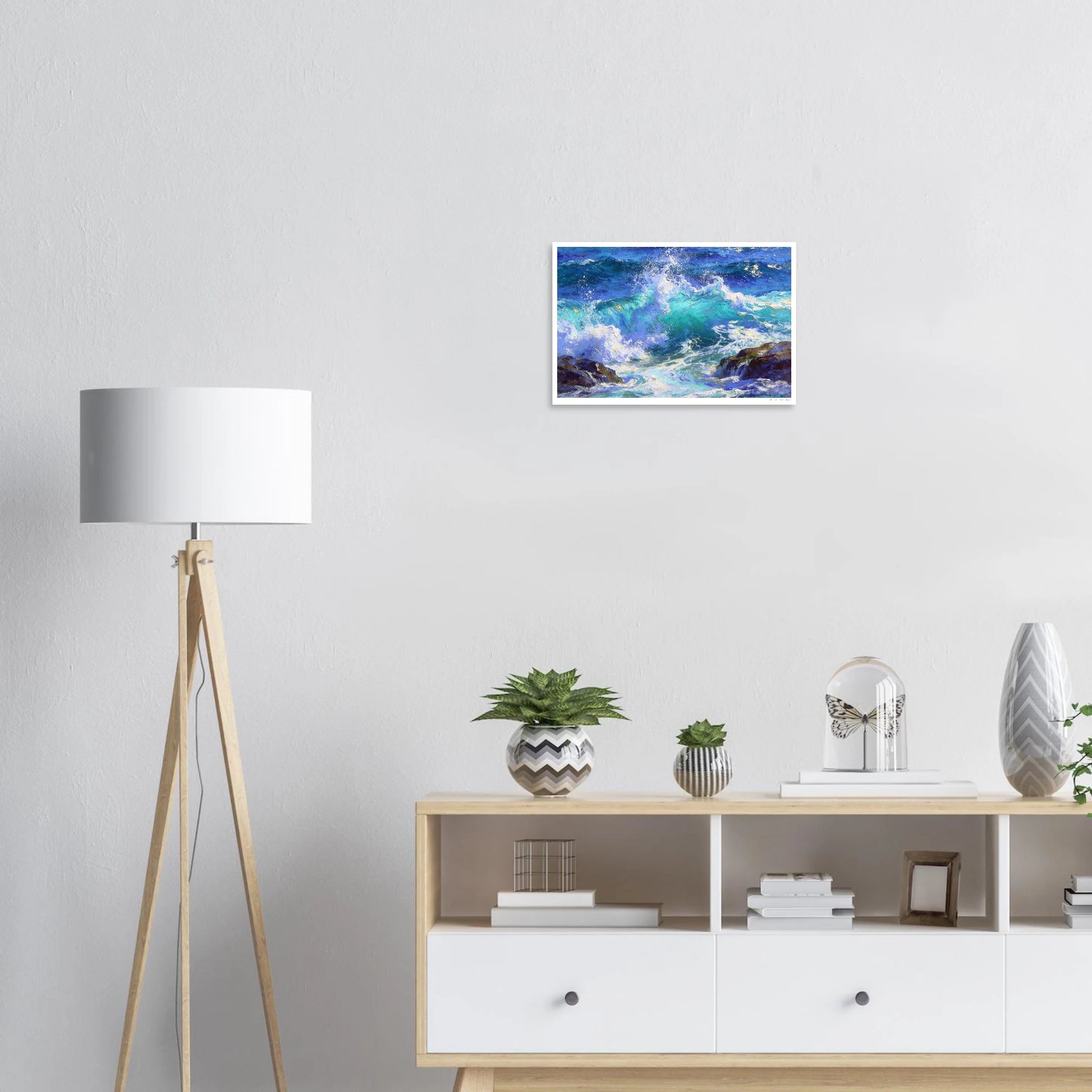 Modern interior with a floor lamp, decorative shelf, and wall art of a blue ocean scene.