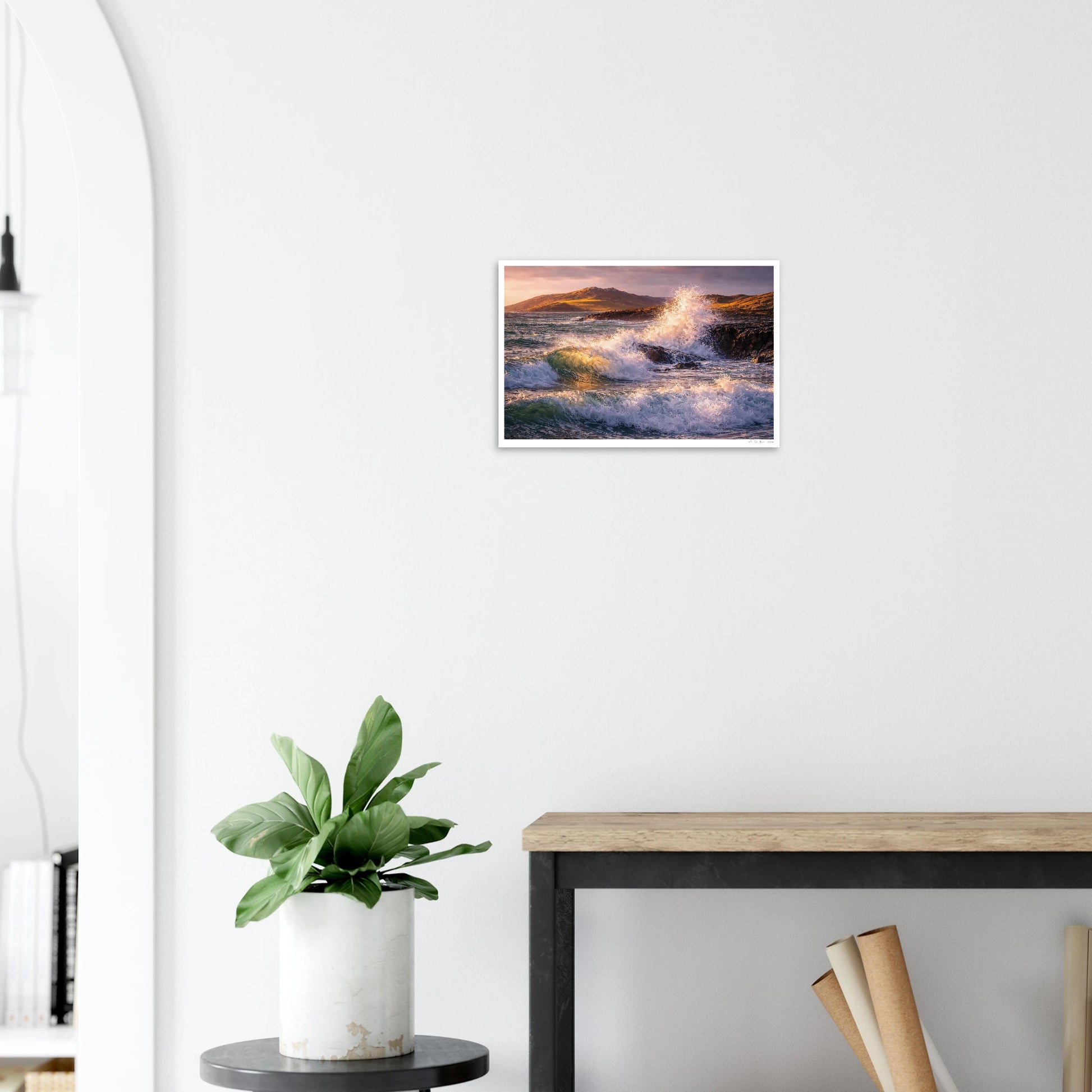 Irish seascape print above a console table 