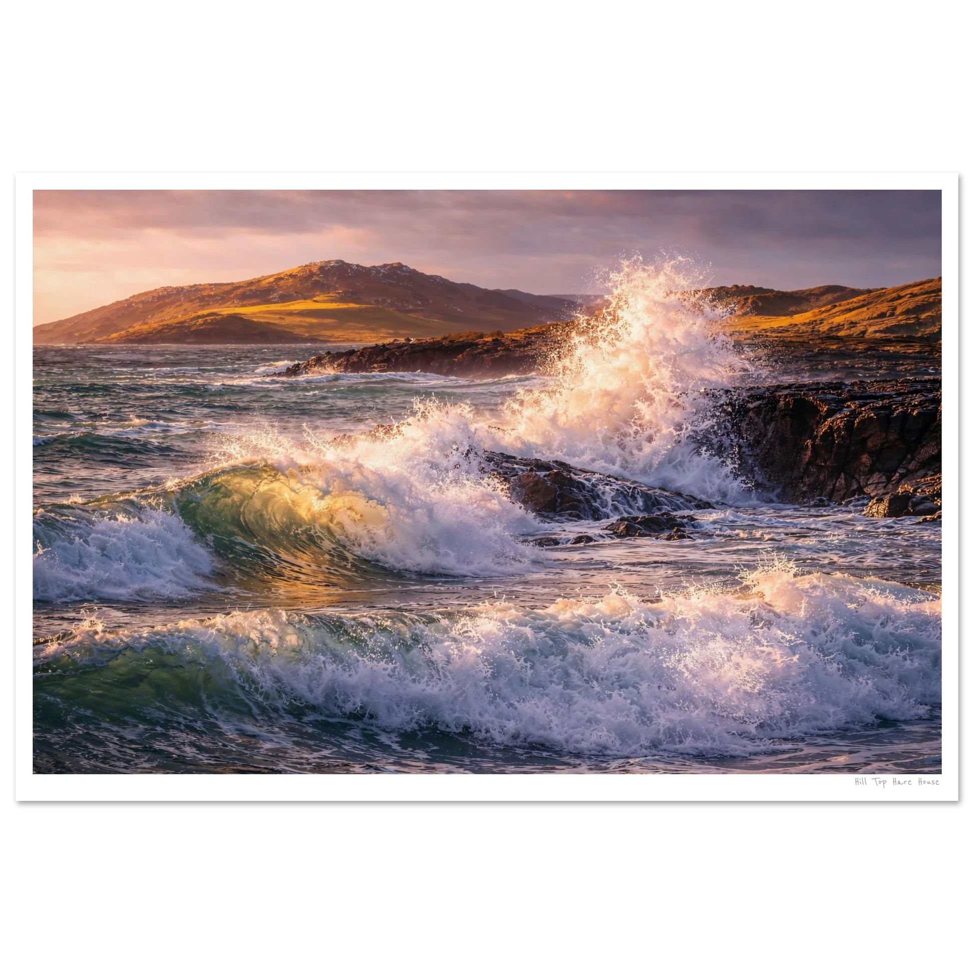 Donegal seascape print with white border. Crashing waves at sunset , so beautiful 