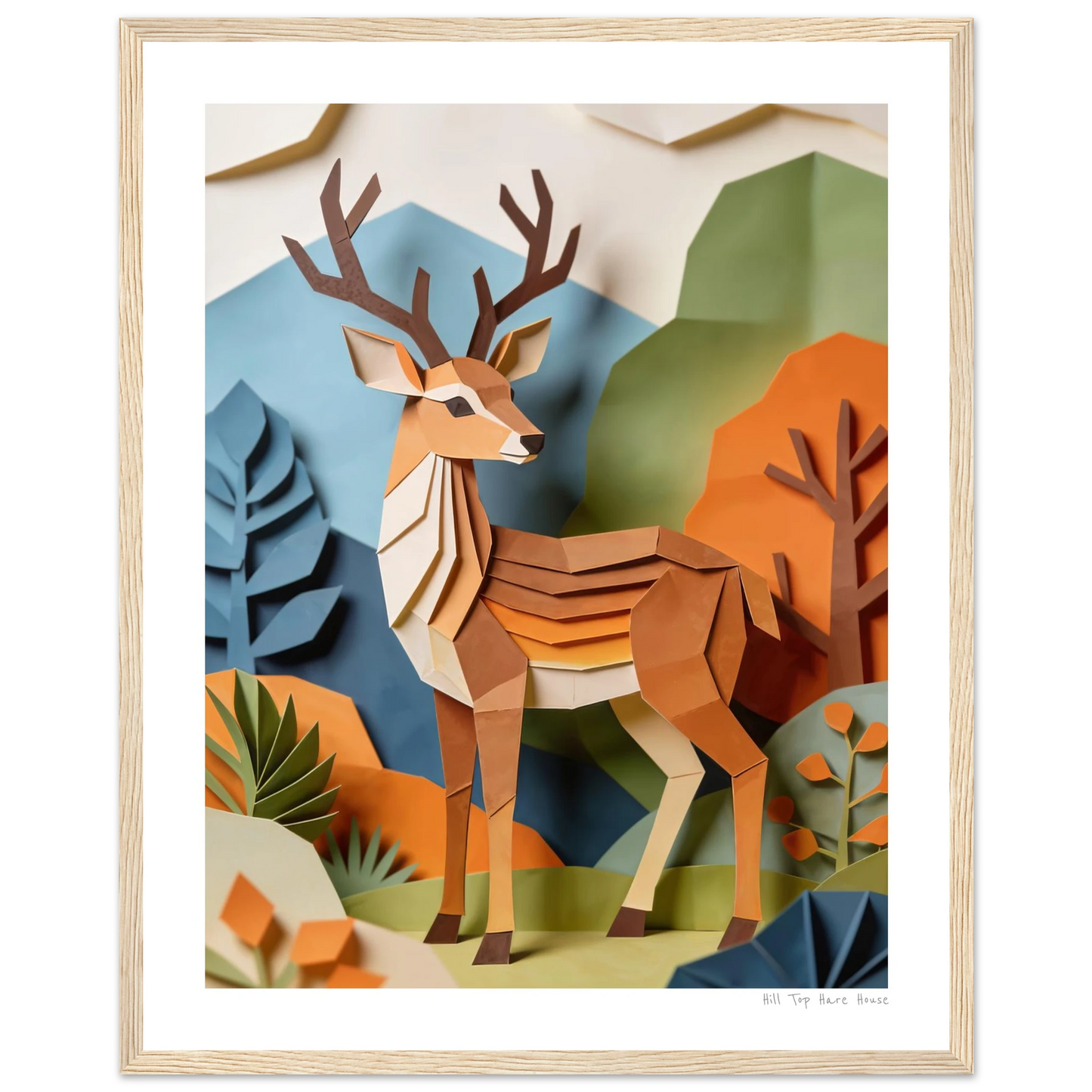 Framed artwork of a deer in a forest setting with geometric shapes