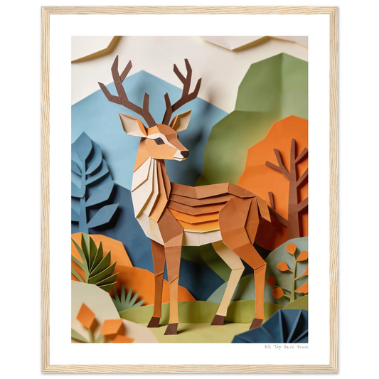 Framed artwork of a deer in a forest setting with geometric shapes