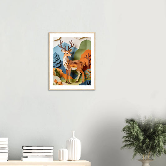 Framed artwork of a deer in a natural setting on a wall above a shelf with decorative items.