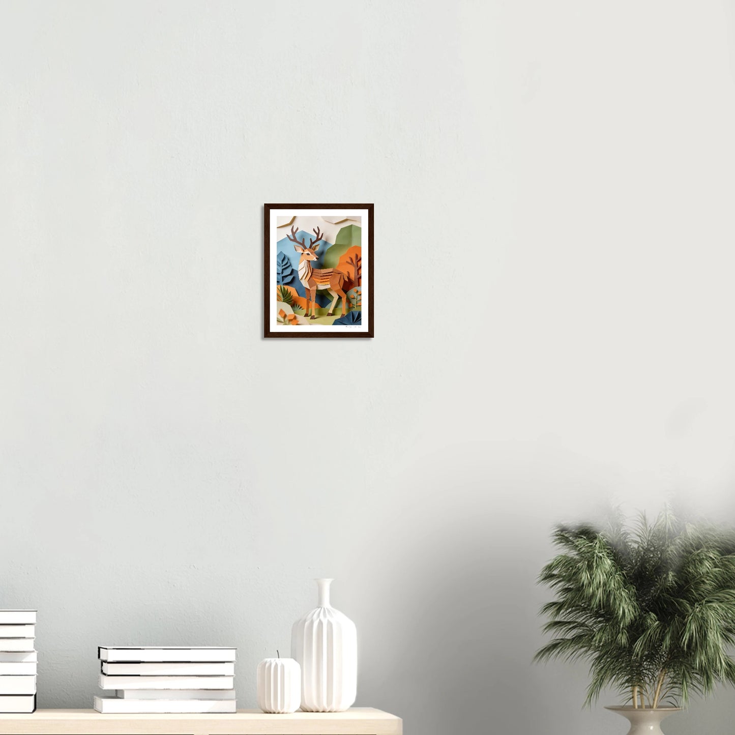Framed artwork of a woman's portrait on a wall above a shelf with decorative items.