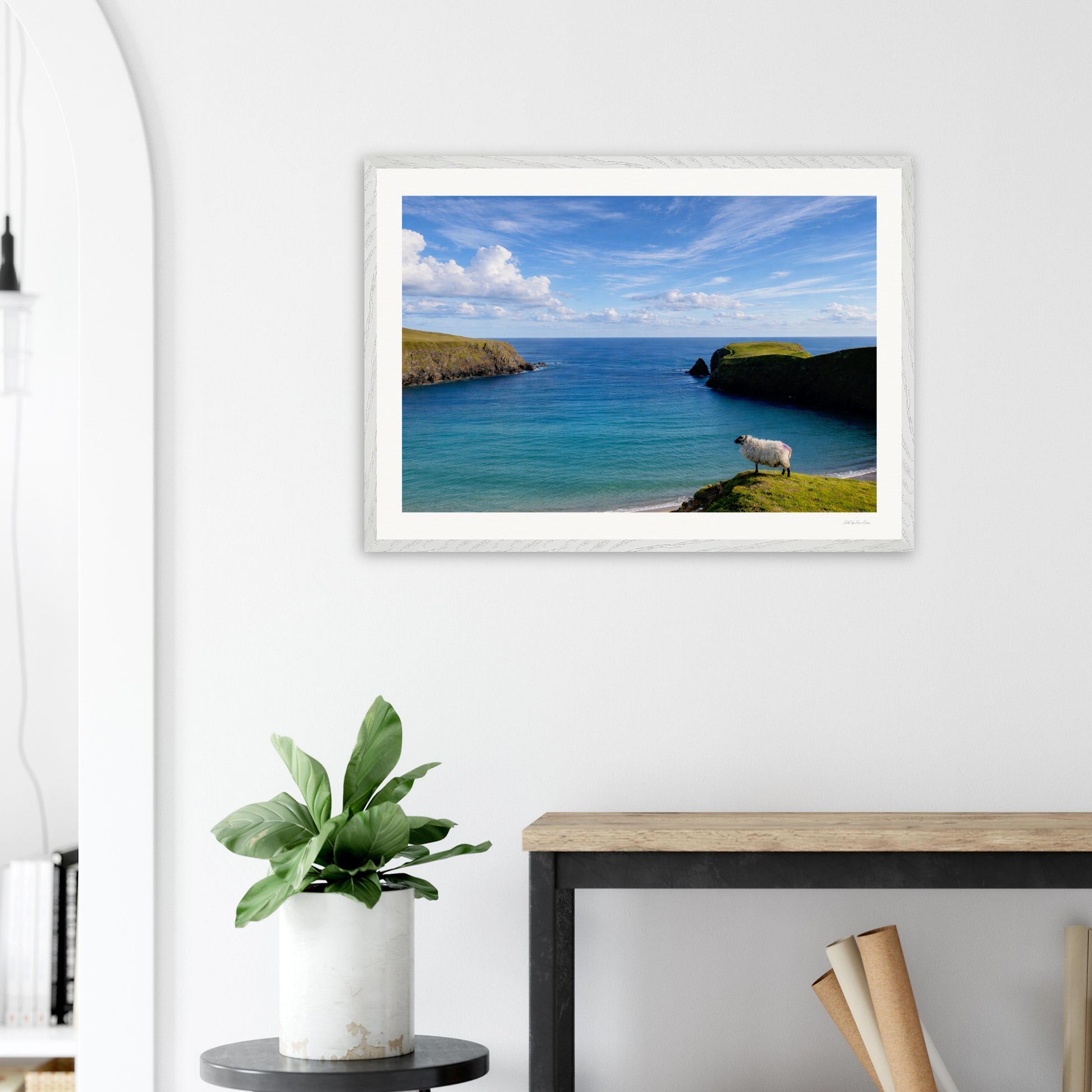 Framed Irish landscape print titled "Next Stop New York" by Hill Top Hare House, modern white frame, wall decor for living room or lobby.