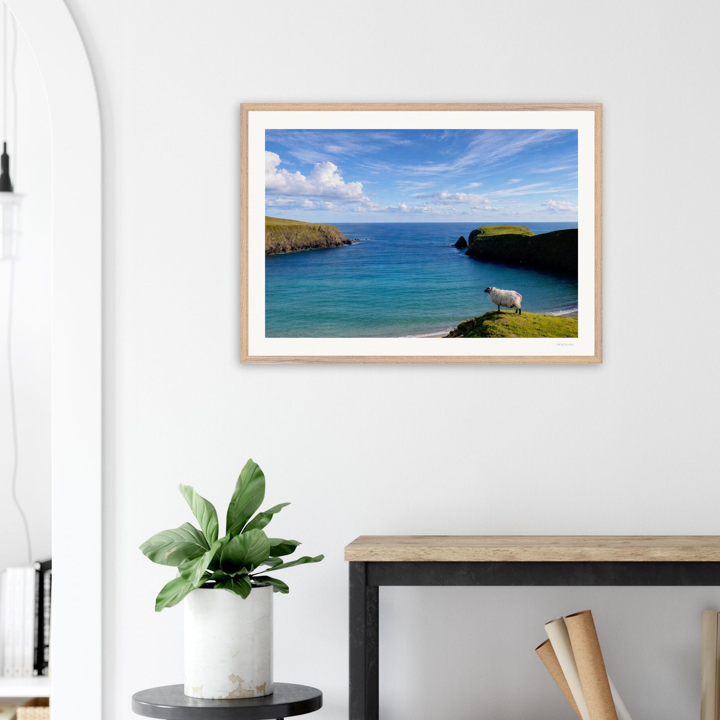 Framed Irish landscape print "Next Stop New York" by Hill Top Hare House, modern white frame, showcasing a scenic Irish landscape.