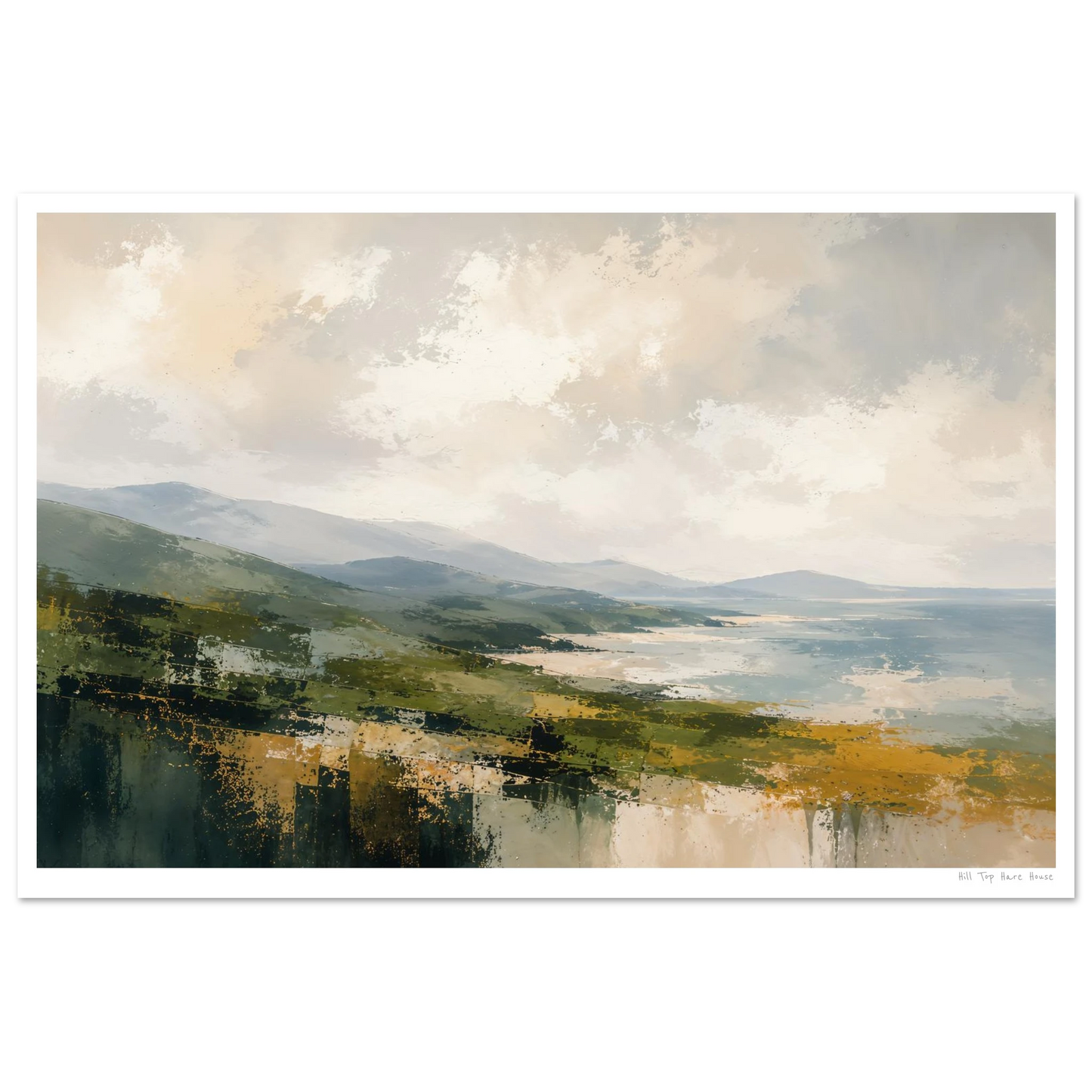 Landscape painting of a lake with mountains and clouds