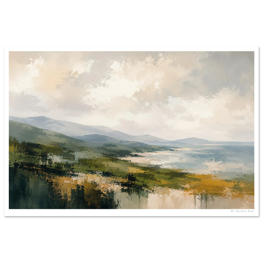 Landscape painting of a lake with mountains and clouds