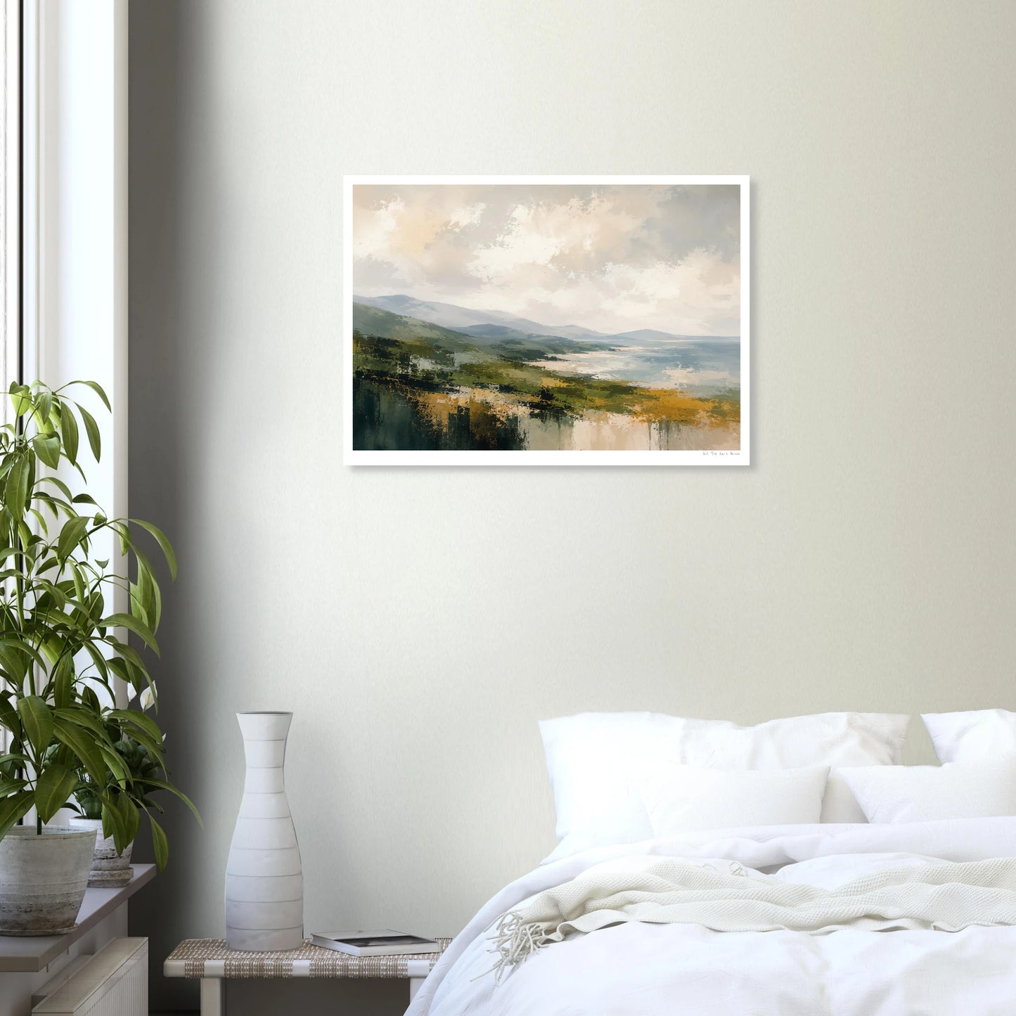 Framed landscape painting above a bed in a bedroom