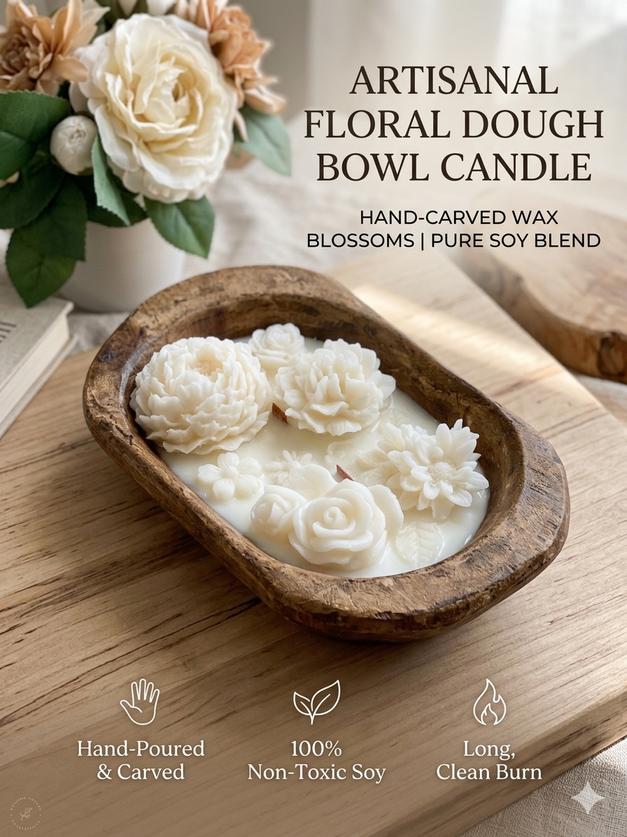 Botanical Garden Dough Bowl Candle from DC-Crazy About Candles, showcasing a rustic ceramic bowl with floral-themed candle design.