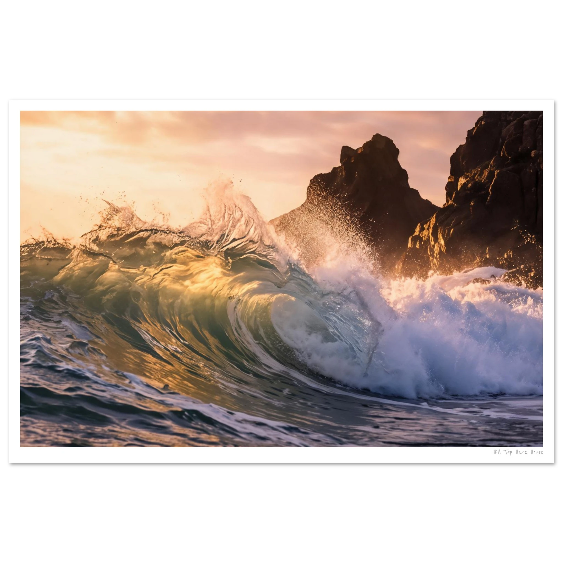 Wave crashing against rocks with a sunset sky