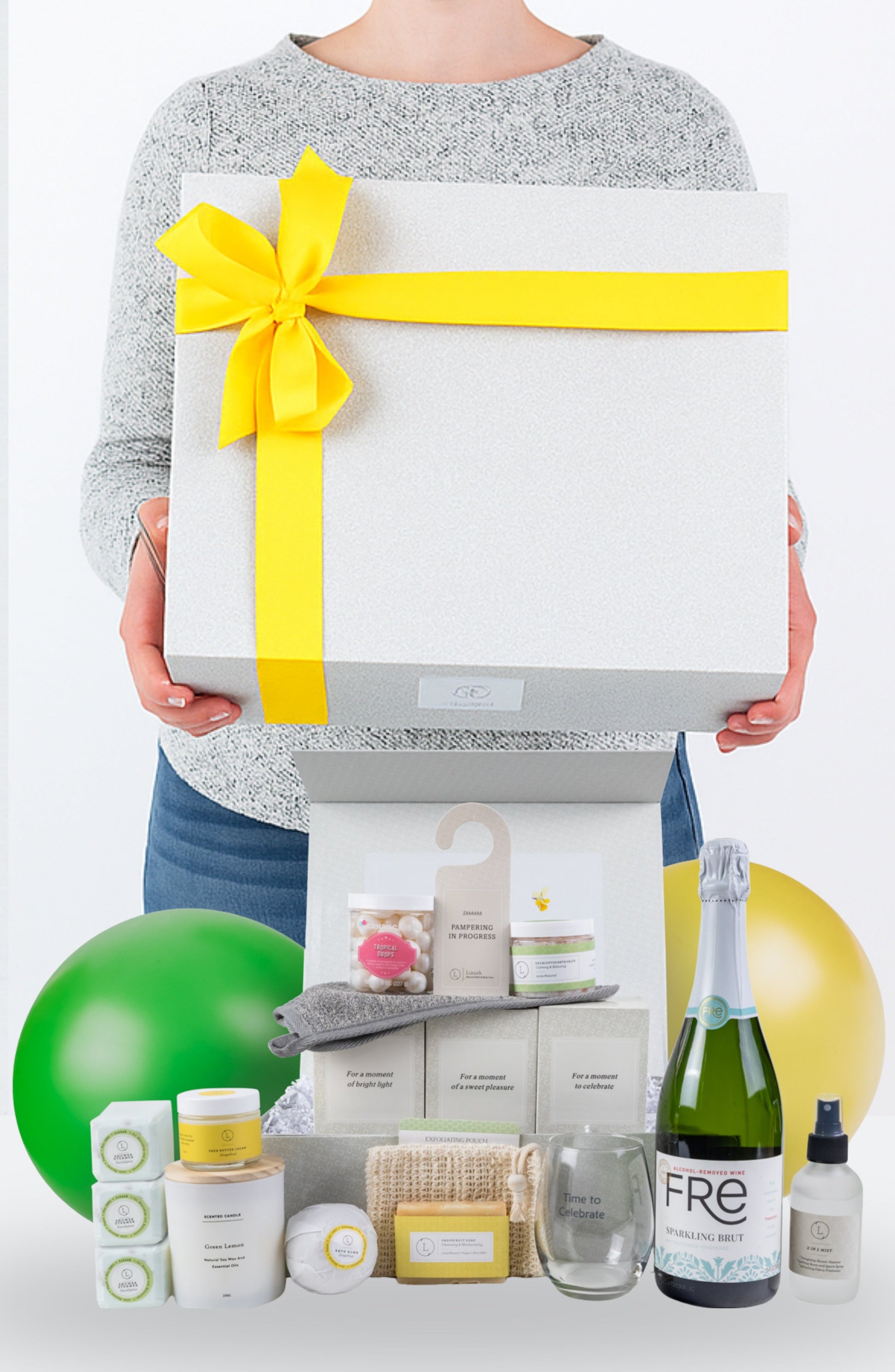 DC-Lizush congratulations gift basket with assorted treats and festive decorations in a celebration gift box.