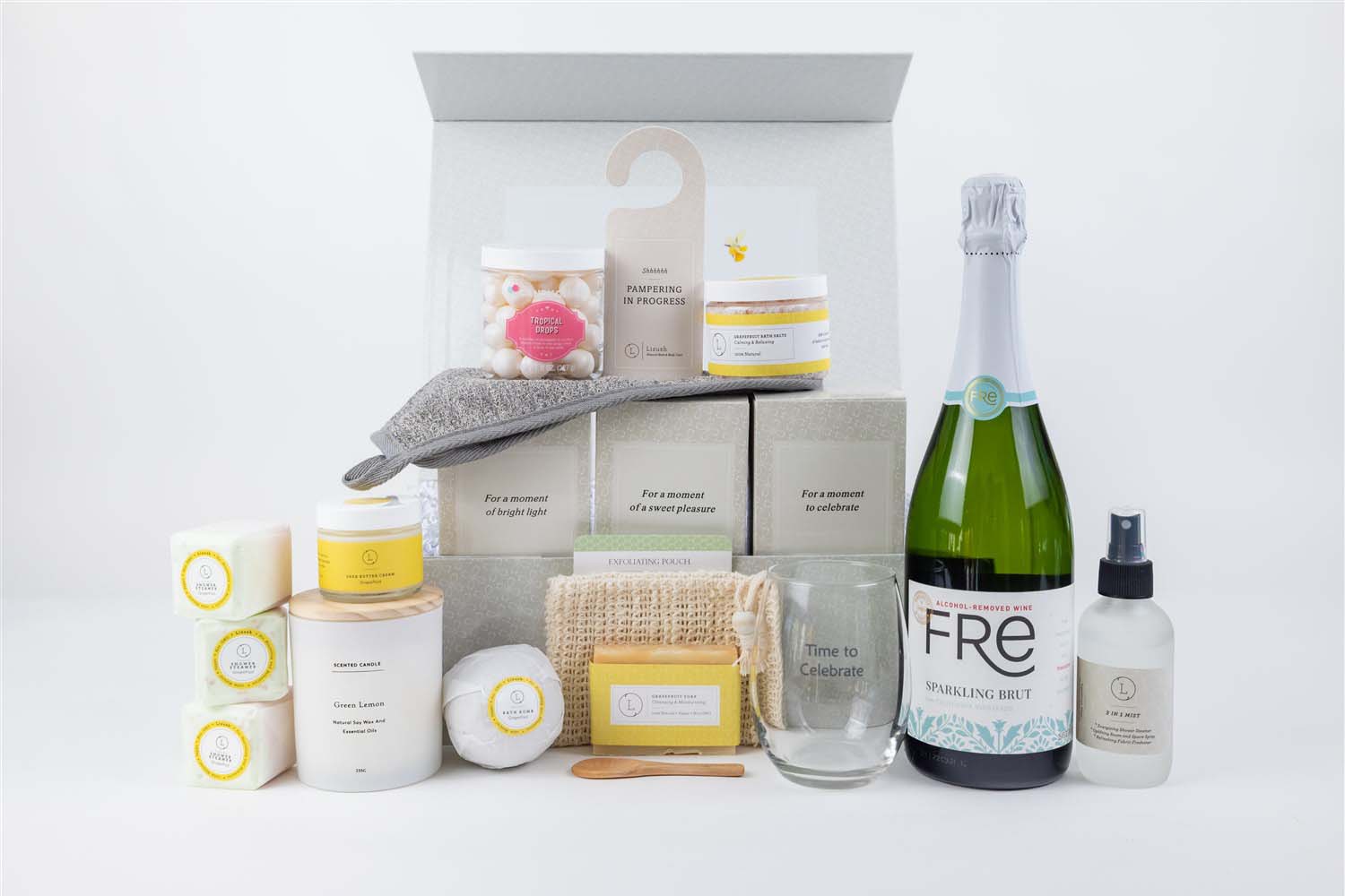 DC-Lizush all-natural citrus skin care gift box featuring skincare products in a beautifully arranged celebration gift basket.