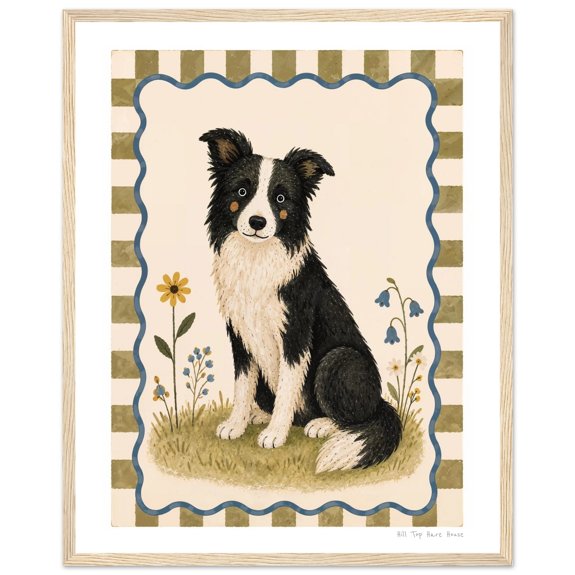 Framed artwork of a border collie dog with a striped background