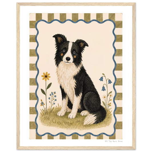 Framed artwork of a border collie dog with a striped background
