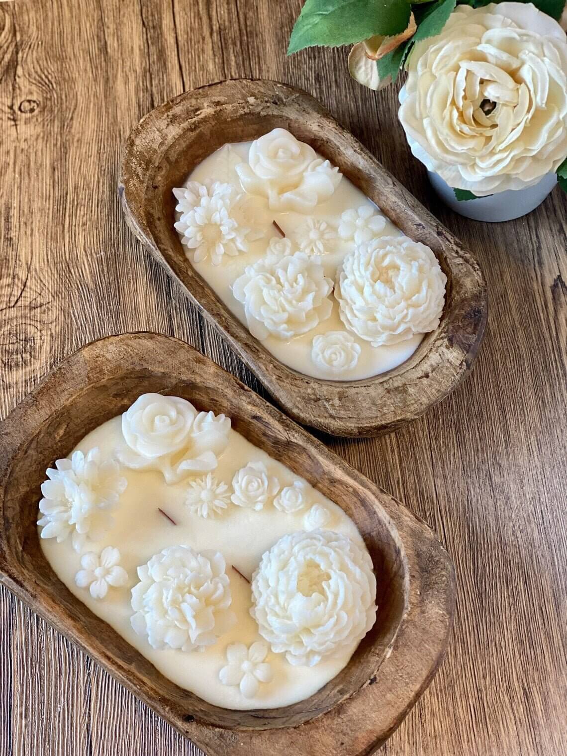 Botanical Garden Dough Bowl Candle by DC-Crazy About Candles in two styles, featuring a natural botanical scent and rustic ceramic bowl.