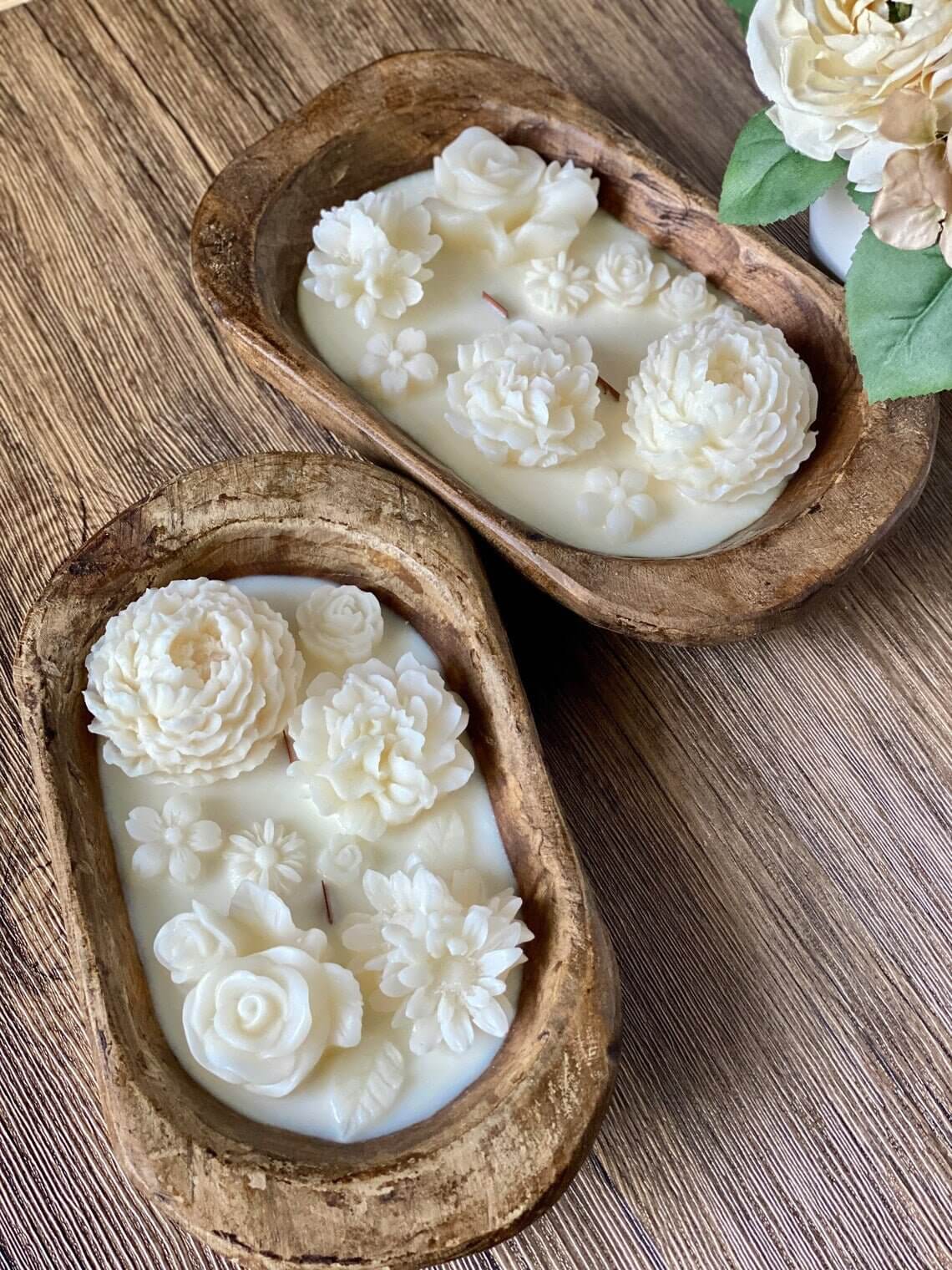 Botanical Garden Dough Bowl Candle by DC-Crazy About Candles with floral design and soy wax in a rustic dough bowl.
