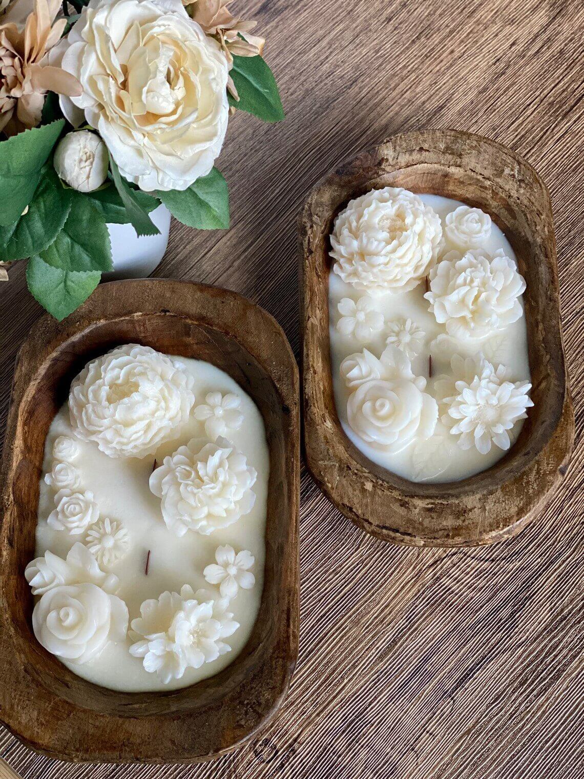 Botanical Garden Dough Bowl Candle by DC-Crazy About Candles featuring a natural wax candle in a decorative dough bowl with botanical accents.