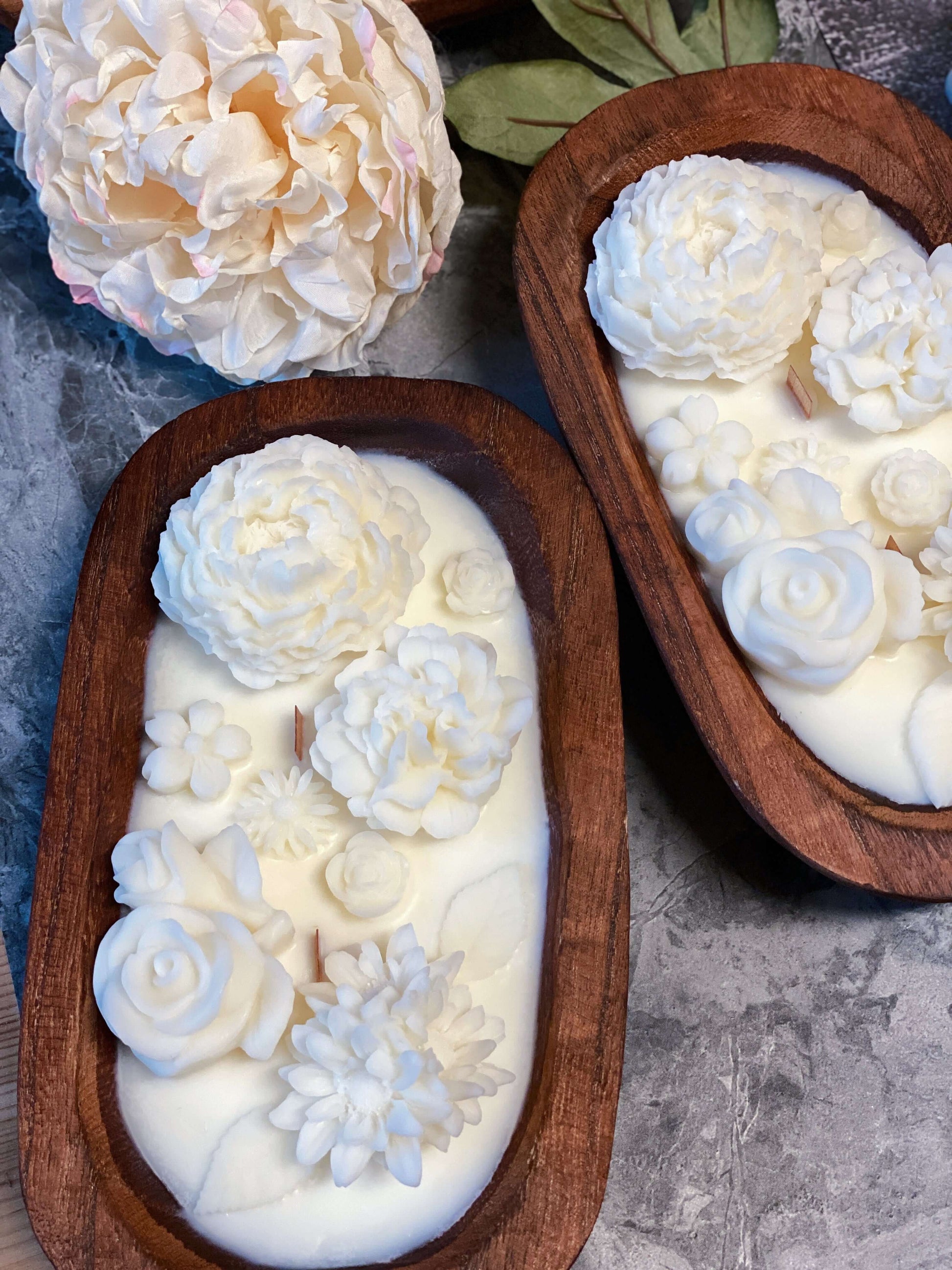 Botanical Garden Dough Bowl Candle by DC-Crazy About Candles with greenery and floral design in a rustic dough bowl style.
