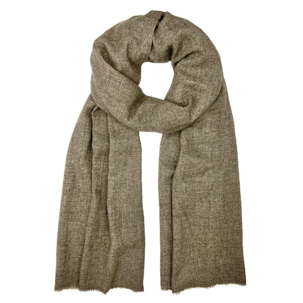 Brown handloom cashmere scarf by DC-SLATE + SALT, showcasing soft, woven fair-trade cashmere fabric with intricate weaving details.