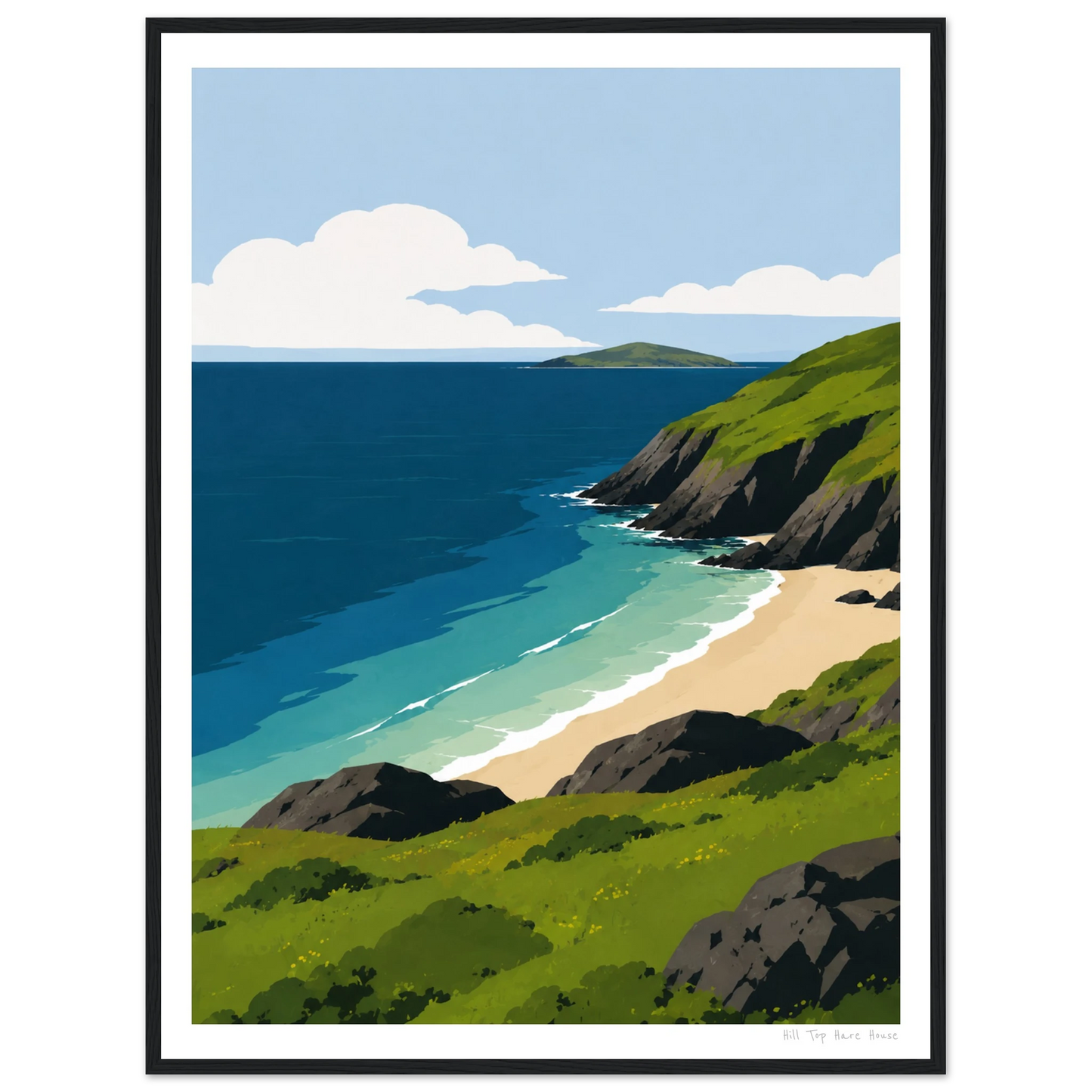 Framed artwork of a coastal scene with green hills, blue sea, and white clouds.