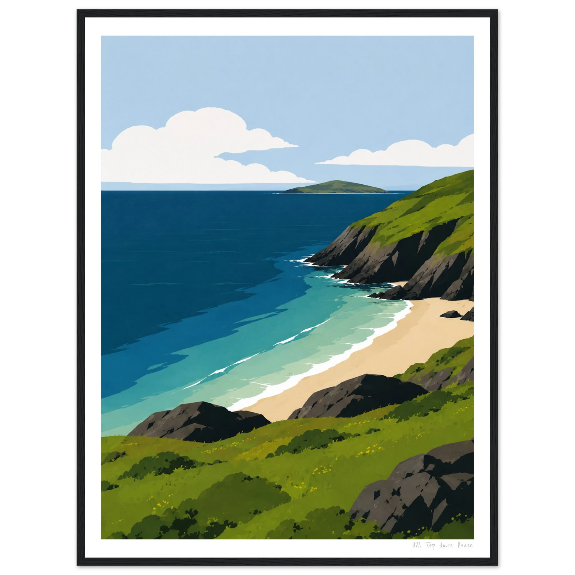 Framed artwork of a coastal scene with green hills, blue sea, and white clouds.