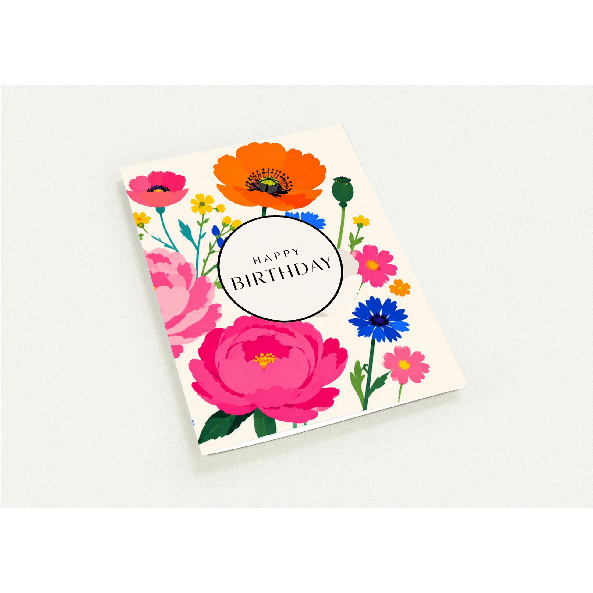 Floral birthday card with colorful flowers on a white background