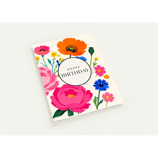 Floral birthday card with colorful flowers on a white background