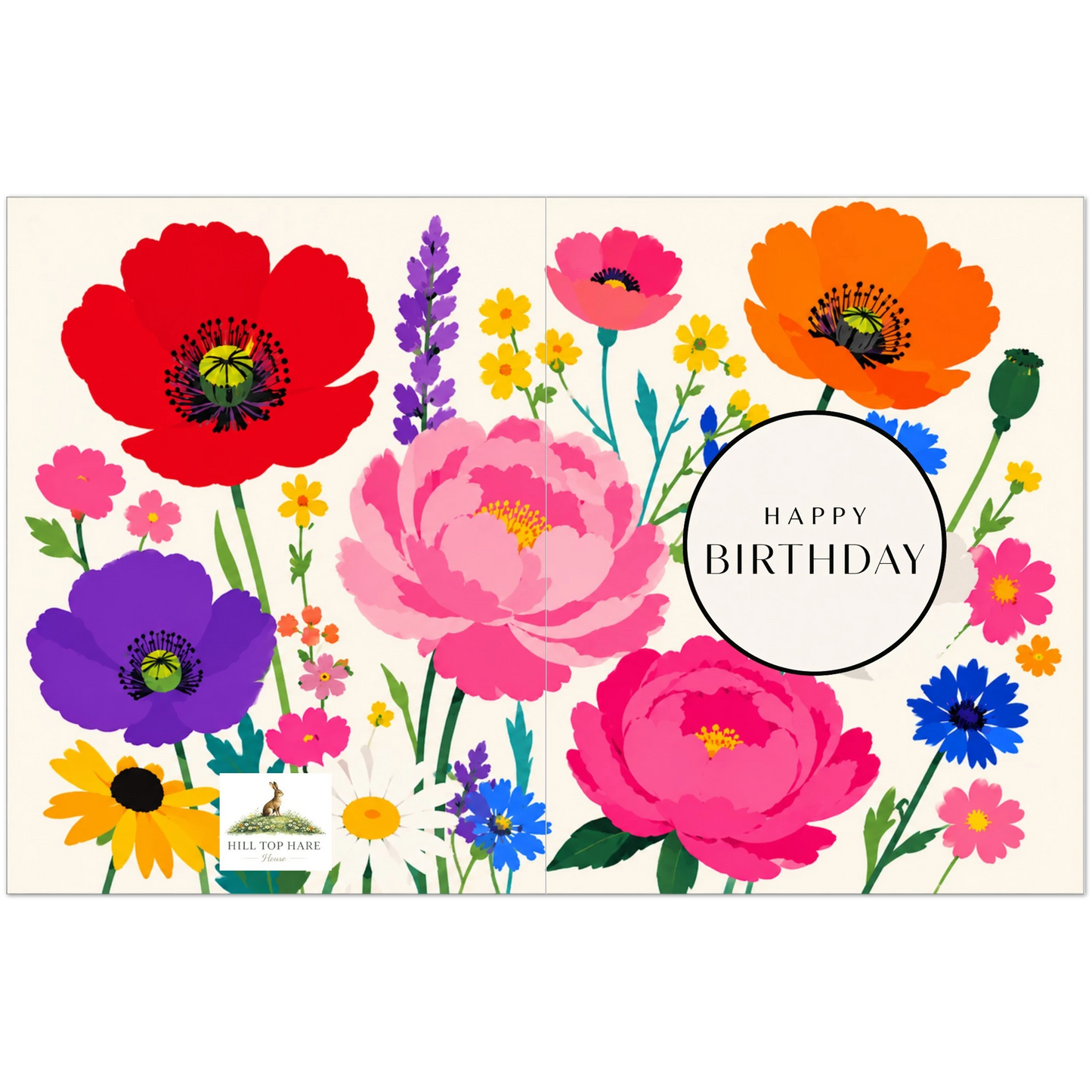 Colorful floral design with 'Happy Birthday' text on a white background