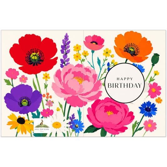 Colorful floral design with 'Happy Birthday' text on a white background