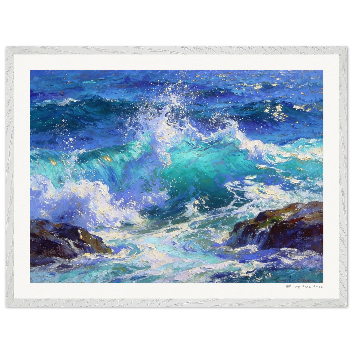 Framed artwork of crashing ocean waves with rocky shore.
