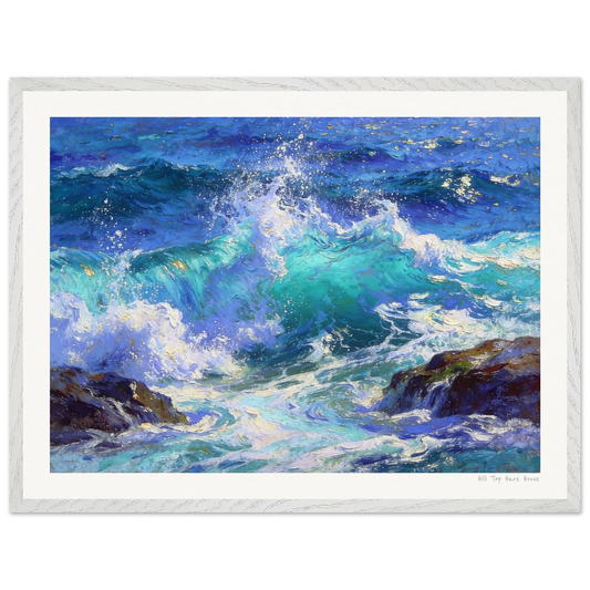 Framed artwork of crashing ocean waves with rocky shore.