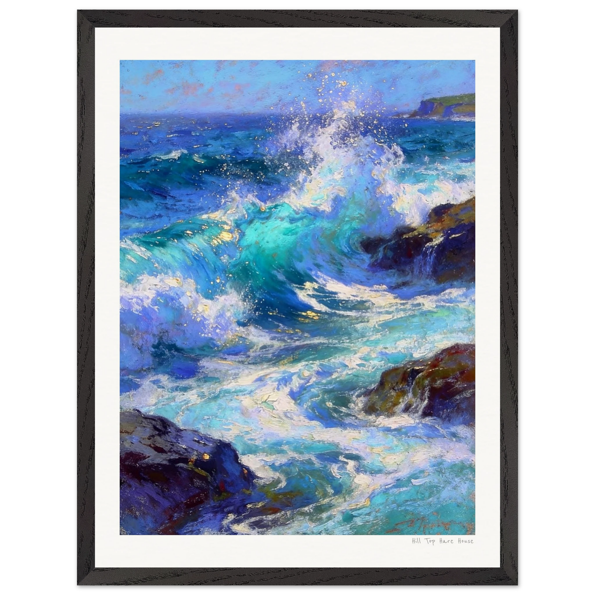 Framed painting of crashing waves on a rocky shore with a blue sky.