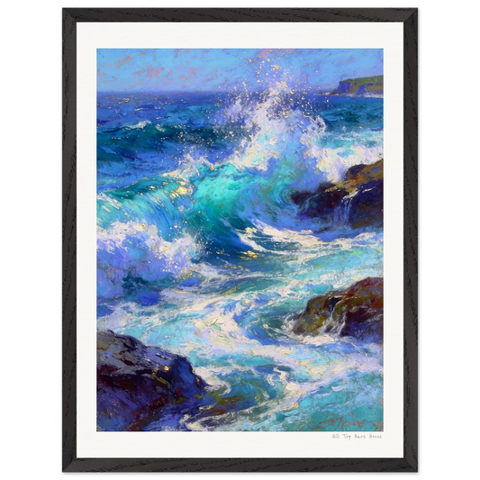 Framed painting of crashing waves on a rocky shore with a blue sky.