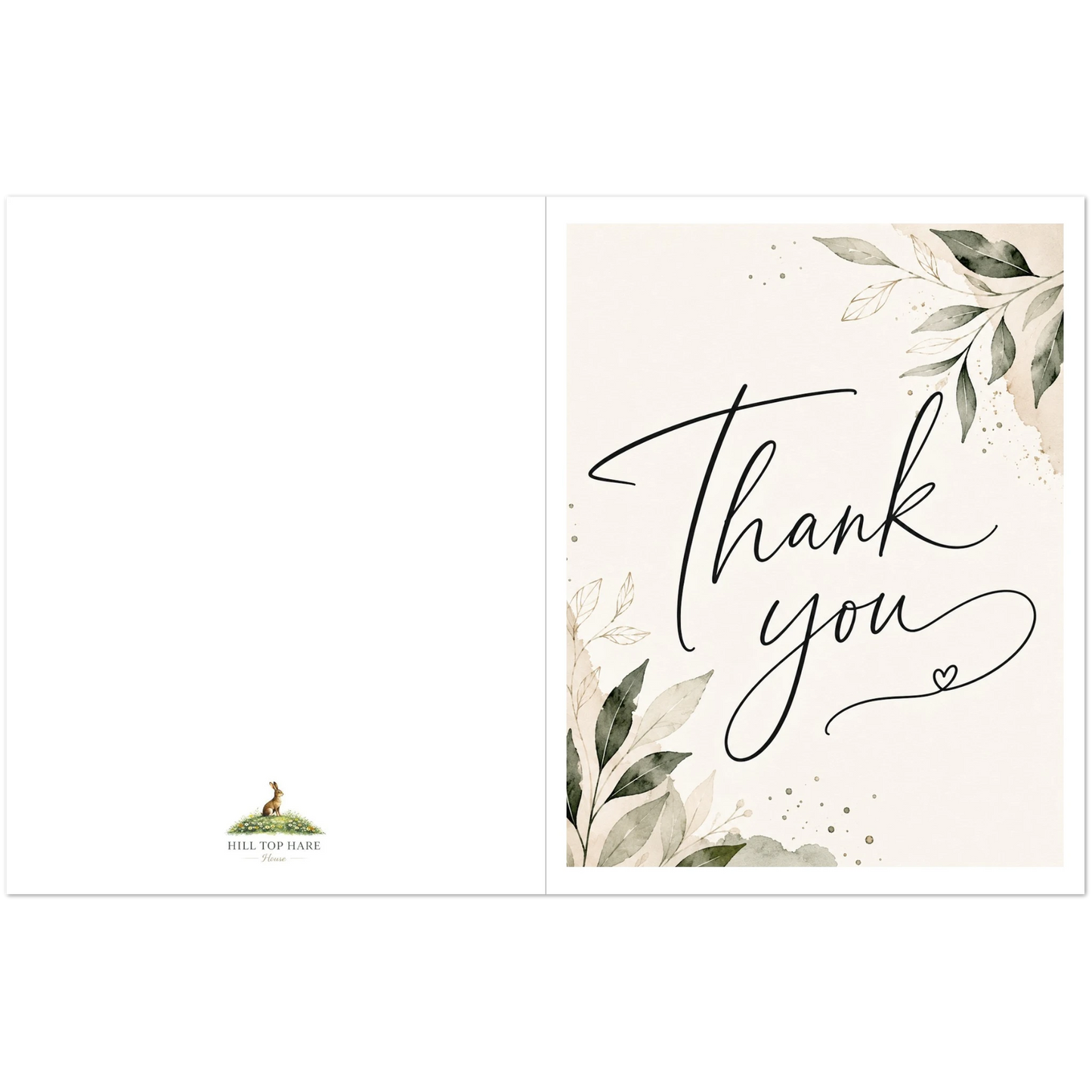Card with 'Thank you' text and green leaf design on a white background