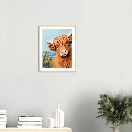Framed artwork of a brown cow with horns on a light gray wall.