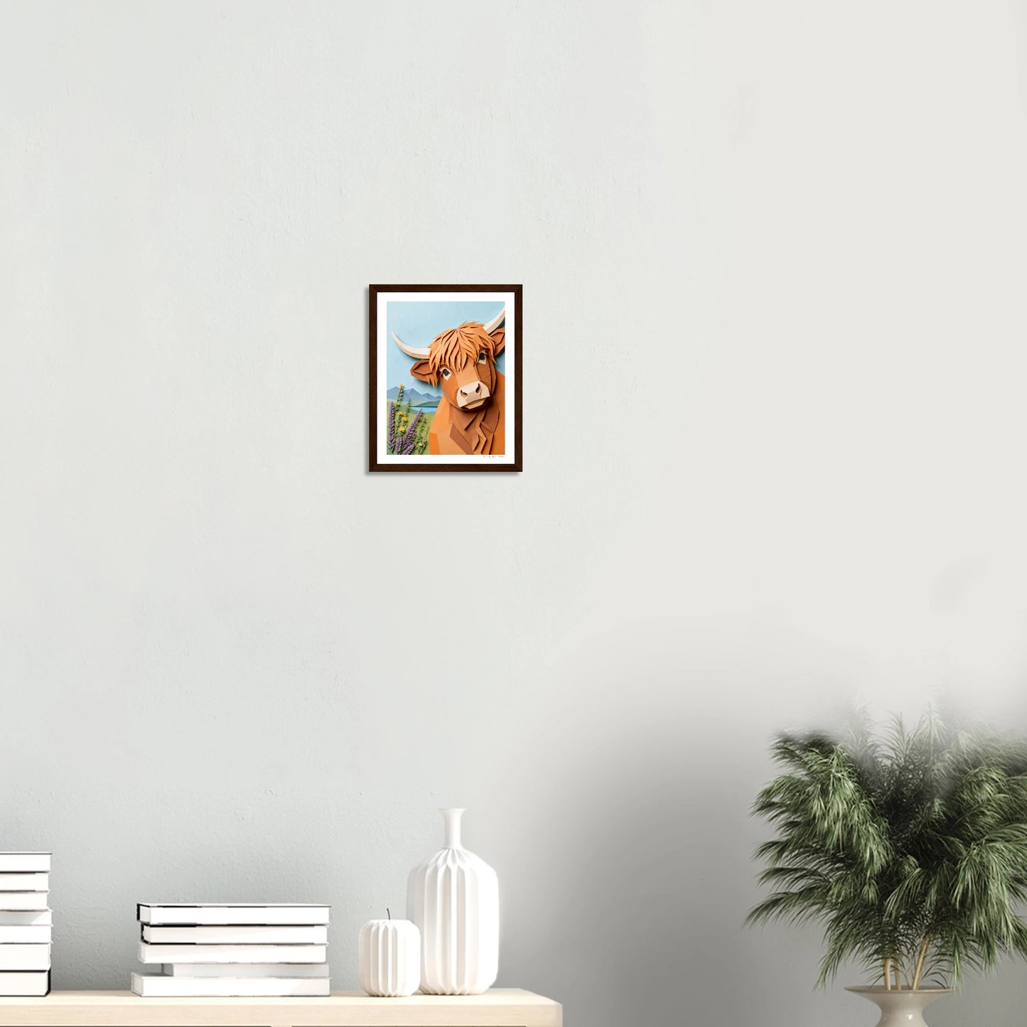Colorful abstract painting on a white wall above a shelf with decorative items.