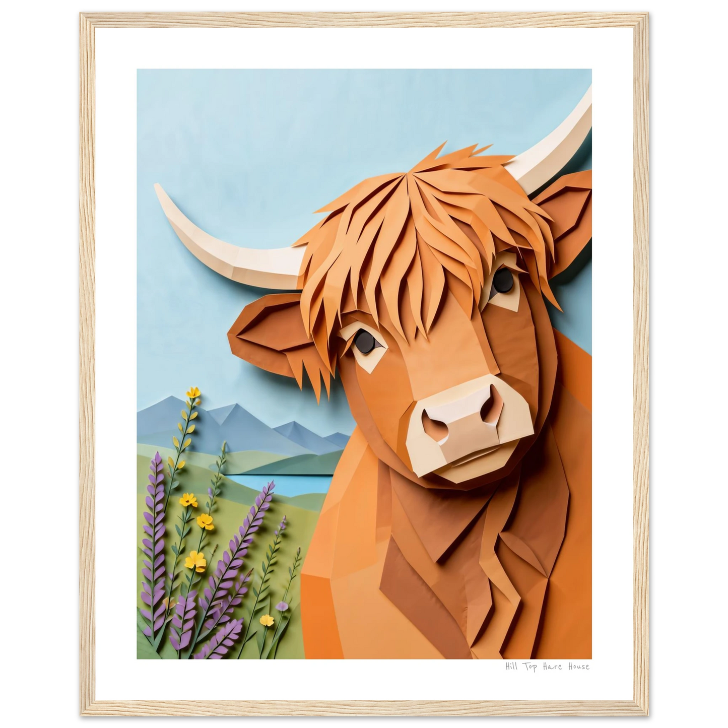 Framed artwork of a highland cow with a scenic background